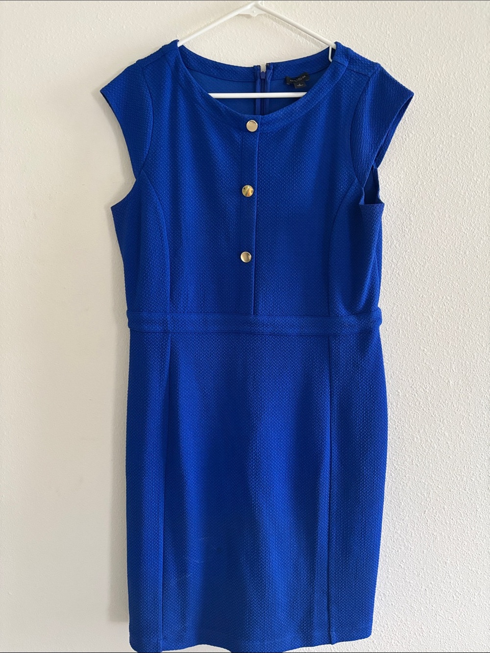 Ann Taylor Royal Blue Midi Sheath Dress with Gold Buttons